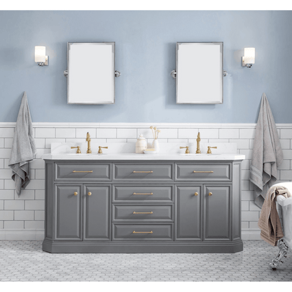 Water Creation 72" Palace Collection Quartz Carrara Cashmere Grey Bathroom Vanity Set with Hardware and F2-0012 Faucets in Satin Gold Finish and Only Mirrors in Chrome Finish PA72D-0612CG - Model Bath