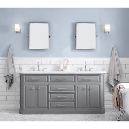Water Creation 72" Palace Collection Quartz Carrara Cashmere Grey Bathroom Vanity Set with Hardware and F2-0012 Faucets, Mirror in Chrome Finish PA72D-0112CG - Model Bath