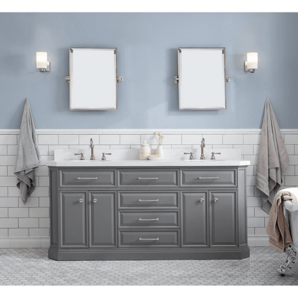 Water Creation 72" Palace Collection Quartz Carrara Cashmere Grey Bathroom Vanity Set with Hardware and F2-0012 Faucets, Mirror in Polished Nickel (PVD) Finish PA72D-0512CG - Model Bath