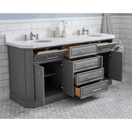 Water Creation 72" Palace Collection Quartz Carrara Cashmere Grey Bathroom Vanity Set with Hardware and F2-0013 Faucets in Polished Nickel (PVD) Finish PA72C-0513CG - Model Bath
