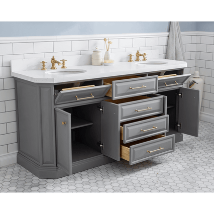 Water Creation 72" Palace Collection Quartz Carrara Cashmere Grey Bathroom Vanity Set with Hardware and F2-0013 Faucets in Satin Gold Finish and Only Mirrors in Chrome Finish PA72C-0613CG - Model Bath