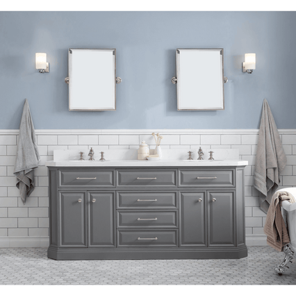 Water Creation 72" Palace Collection Quartz Carrara Cashmere Grey Bathroom Vanity Set with Hardware and F2-0013 Faucets, Mirror in Polished Nickel (PVD) Finish PA72D-0513CG - Model Bath