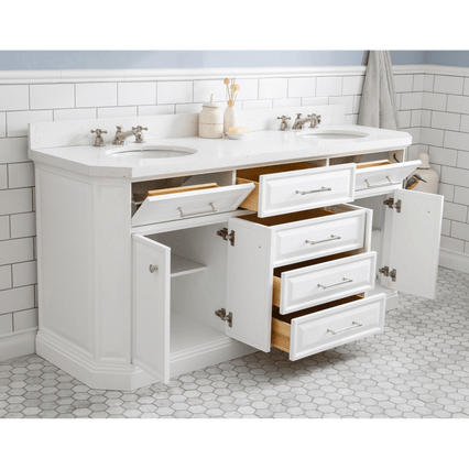 Water Creation 72" Palace Collection Quartz Carrara Pure White Bathroom Vanity Set with Hardware and F2-0009 Faucets in Polished Nickel (PVD) Finish PA72C-0509PW - Model Bath