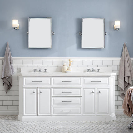 Water Creation 72" Palace Collection Quartz Carrara Pure White Bathroom Vanity Set with Hardware and F2-0009 Faucets, Mirror in Chrome Finish PA72D-0109PW - Model Bath