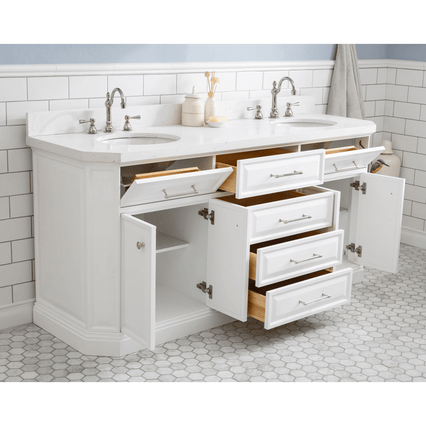 Water Creation 72" Palace Collection Quartz Carrara Pure White Bathroom Vanity Set with Hardware and F2-0012 Faucets in Polished Nickel (PVD) Finish PA72C-0512PW - Model Bath