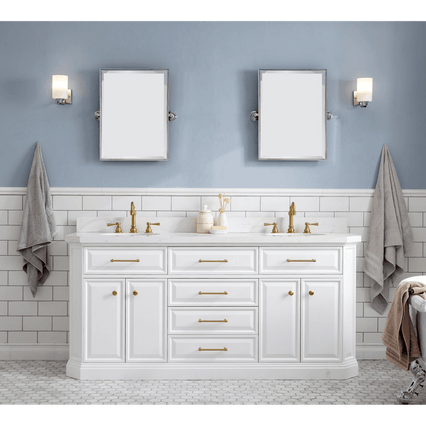 Water Creation 72" Palace Collection Quartz Carrara Pure White Bathroom Vanity Set with Hardware and F2-0012 Faucets in Satin Gold Finish and Only Mirrors in Chrome Finish PA72D-0612PW - Model Bath