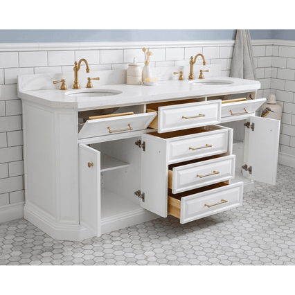 Water Creation 72" Palace Collection Quartz Carrara Pure White Bathroom Vanity Set with Hardware and F2-0012 Faucets in Satin Gold Finish and Only Mirrors in Chrome Finish PA72C-0612PW - Model Bath