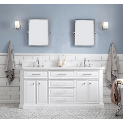 Water Creation 72" Palace Collection Quartz Carrara Pure White Bathroom Vanity Set with Hardware and F2-0012 Faucets, Mirror in Chrome Finish PA72D-0112PW - Model Bath