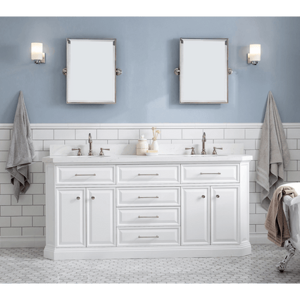Water Creation 72" Palace Collection Quartz Carrara Pure White Bathroom Vanity Set with Hardware and F2-0012 Faucets, Mirror in Polished Nickel (PVD) Finish PA72D-0512PW - Model Bath