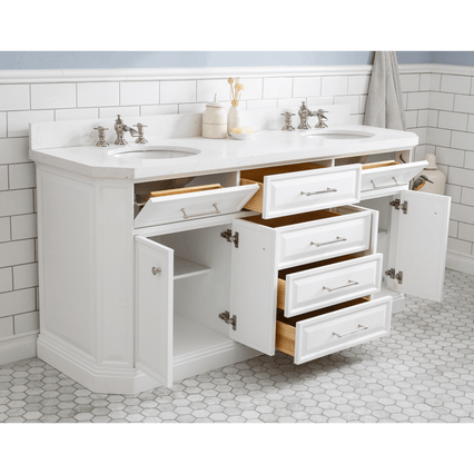 Water Creation 72" Palace Collection Quartz Carrara Pure White Bathroom Vanity Set with Hardware and F2-0013 Faucets in Polished Nickel (PVD) Finish PA72C-0513PW - Model Bath