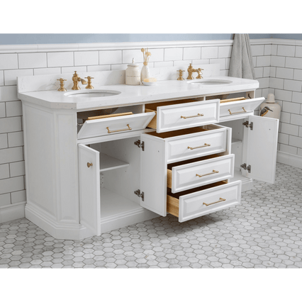 Water Creation 72" Palace Collection Quartz Carrara Pure White Bathroom Vanity Set with Hardware and F2-0013 Faucets in Satin Gold Finish and Only Mirrors in Chrome Finish PA72C-0613PW - Model Bath