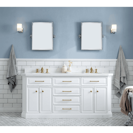 Water Creation 72" Palace Collection Quartz Carrara Pure White Bathroom Vanity Set with Hardware and F2-0013 Faucets in Satin Gold Finish and Only Mirrors in Chrome Finish PA72D-0613PW - Model Bath