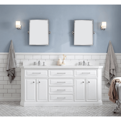Water Creation 72" Palace Collection Quartz Carrara Pure White Bathroom Vanity Set with Hardware and F2-0013 Faucets, Mirror in Chrome Finish PA72D-0113PW - Model Bath