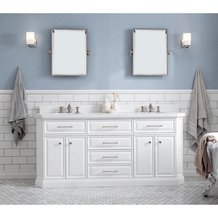 Water Creation 72" Palace Collection Quartz Carrara Pure White Bathroom Vanity Set with Hardware and F2-0013 Faucets, Mirror in Polished Nickel (PVD) Finish PA72D-0513PW - Model Bath