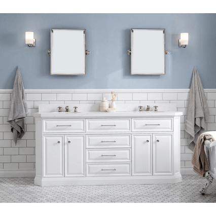 Water Creation 72" Palace Collection Quartz Carrara Pure White Bathroom Vanity Set with Hardware, Mirror in Polished Nickel (PVD) Finish PA72B-0500PW - Model Bath