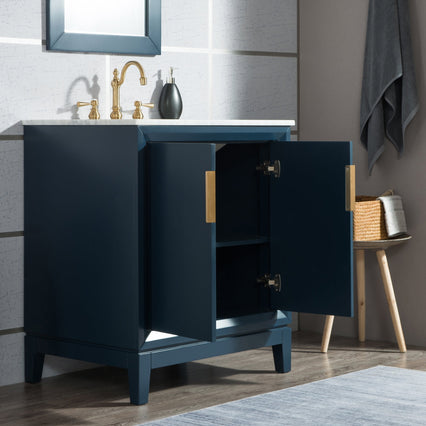 Water Creation Elizabeth 30" Single Sink Carrara White Marble Vanity in Monarch Blue with F2-0012-06-TL Lavatory Faucet(s) VEL030CWMB37 - Model Bath