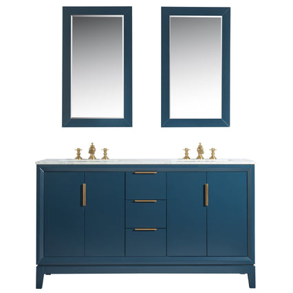 Water Creation Elizabeth 60" Double Sink Carrara White Marble Vanity in Monarch Blue with Matching Mirror(s) and F2-0013-06-FX Lavatory Faucet(s) VEL060CWMB40 - Model Bath