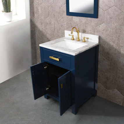 Water Creation Madison 24" Single Sink Carrara White Marble Vanity in Monarch Blue with F2-0012-06-TL Lavatory Faucet VMI024CWMB37 - Model Bath