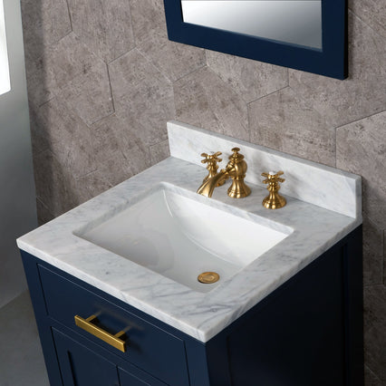 Water Creation Madison 24" Single Sink Carrara White Marble Vanity in Monarch Blue with F2-0013-06-FX Lavatory Faucet VMI024CWMB42 - Model Bath