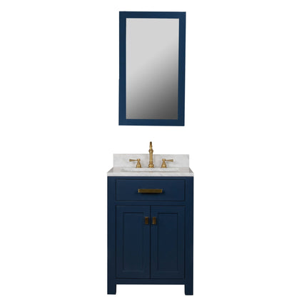 Water Creation Madison 24" Single Sink Carrara White Marble Vanity in Monarch Blue with Matching Mirror and F2-0012-06-TL Lavatory Faucet VMI024CWMB33 - Model Bath
