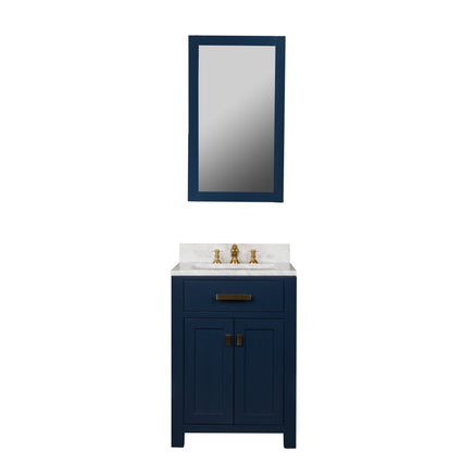 Water Creation Madison 24" Single Sink Carrara White Marble Vanity in Monarch Blue with Matching Mirror and F2-0013-06-FX Lavatory Faucet VMI024CWMB38 - Model Bath