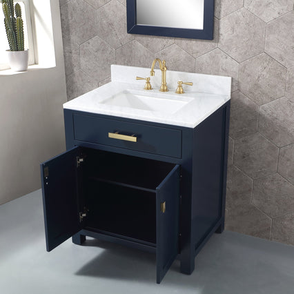 Water Creation Madison 30" Single Sink Carrara White Marble Vanity in Monarch Blue with F2-0012-06-TL Lavatory Faucet VMI030CWMB37 - Model Bath