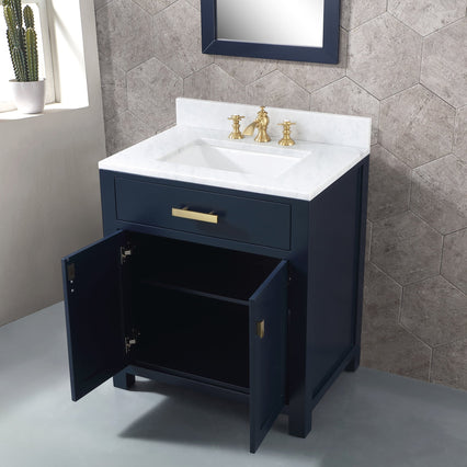 Water Creation Madison 30" Single Sink Carrara White Marble Vanity in Monarch Blue with F2-0013-06-FX Lavatory Faucet VMI030CWMB42 - Model Bath