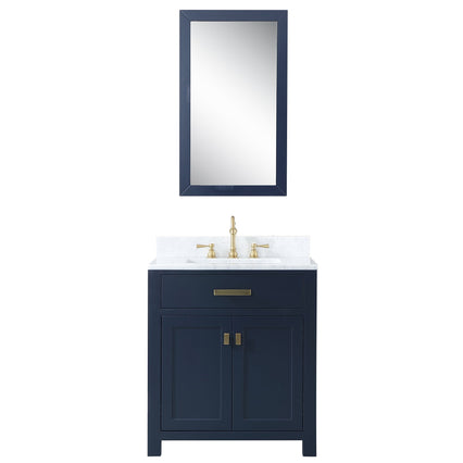Water Creation Madison 30" Single Sink Carrara White Marble Vanity in Monarch Blue with Matching Mirror and F2-0012-06-TL Lavatory Faucet VMI030CWMB33 - Model Bath