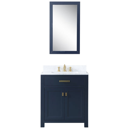 Water Creation Madison 30" Single Sink Carrara White Marble Vanity in Monarch Blue with Matching Mirror and F2-0013-06-FX Lavatory Faucet VMI030CWMB38 - Model Bath
