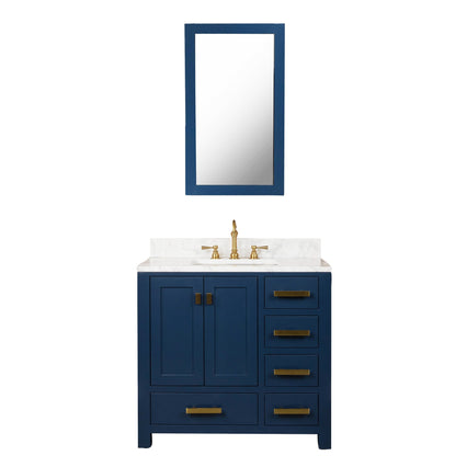 Water Creation Madison 36" Single Sink Carrara White Marble Vanity in Monarch Blue with Matching Mirror and F2-0012-06-TL Lavatory Faucet VMI036CWMB33 - Model Bath