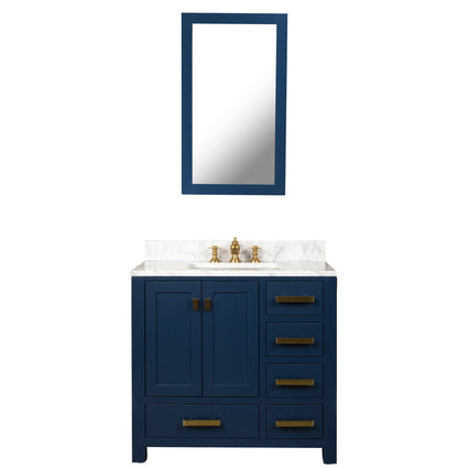 Water Creation Madison 36" Single Sink Carrara White Marble Vanity in Monarch Blue with Matching Mirror and F2-0013-06-FX Lavatory Faucet VMI036CWMB38 - Model Bath