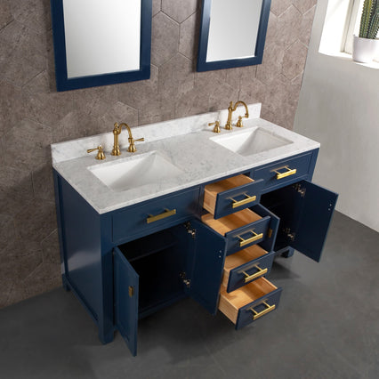 Water Creation Madison 60" Double Sink Carrara White Marble Vanity in Monarch Blue with F2-0012-06-TL Lavatory Faucet(s) VMI060CWMB37 - Model Bath