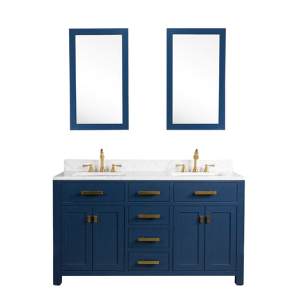 Water Creation Madison 60" Double Sink Carrara White Marble Vanity in Monarch Blue with Matching Mirror(s) and F2-0012-06-TL Lavatory Faucet(s) VMI060CWMB35 - Model Bath