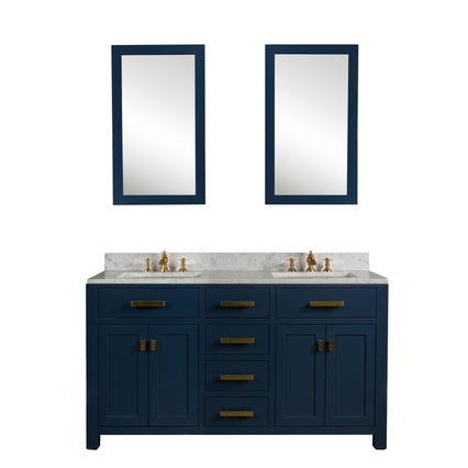 Water Creation Madison 60" Double Sink Carrara White Marble Vanity in Monarch Blue with Matching Mirror(s) and F2-0013-06-FX Lavatory Faucet(s) VMI060CWMB40 - Model Bath