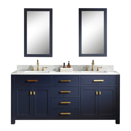 Water Creation Madison 72" Double Sink Carrara White Marble Vanity in Monarch Blue with Matching Mirror(s) and F2-0012-06-TL Lavatory Faucet(s) VMI072CWMB35 - Model Bath