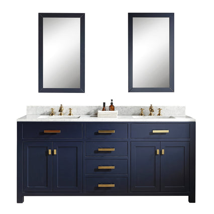 Water Creation Madison 72" Double Sink Carrara White Marble Vanity in Monarch Blue with Matching Mirror(s) and F2-0013-06-FX Lavatory Faucet(s) VMI072CWMB40 - Model Bath