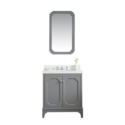 Water Creation Queen 30" Single Sink Quartz Carrara Vanity in Cashmere Grey with Matching Mirror(s) and F2-0009-01-BX Lavatory Faucet(s) VQU030QCCG02 - Model Bath