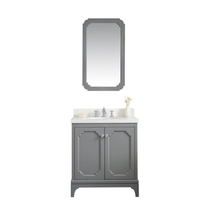 Water Creation Queen 30" Single Sink Quartz Carrara Vanity in Cashmere Grey with Matching Mirror(s) and F2-0013-01-FX Lavatory Faucet(s) VQU030QCCG68 - Model Bath