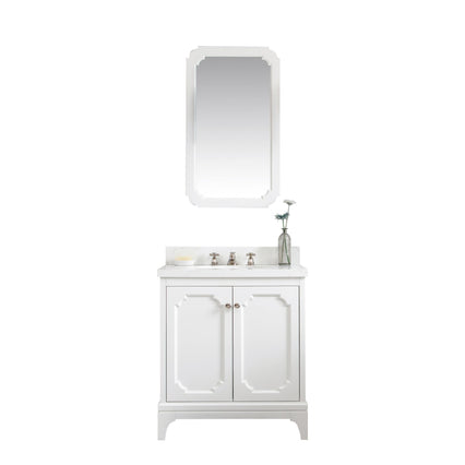 Water Creation Queen 30" Single Sink Quartz Carrara Vanity in Pure White with Matching Mirror(s) and F2-0009-05-BX Lavatory Faucet(s) VQU030QCPW48 - Model Bath