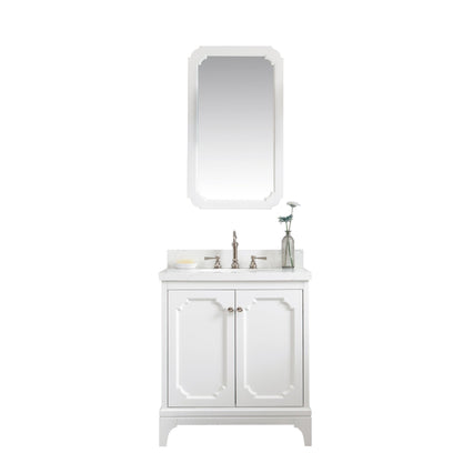 Water Creation Queen 30" Single Sink Quartz Carrara Vanity in Pure White with Matching Mirror(s) and F2-0012-05-TL Lavatory Faucet(s) VQU030QCPW53 - Model Bath