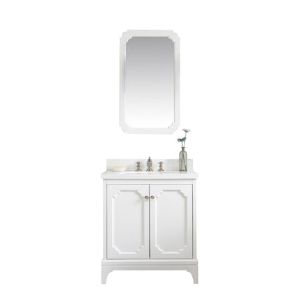 Water Creation Queen 30" Single Sink Quartz Carrara Vanity in Pure White with Matching Mirror(s) and F2-0013-05-FX Lavatory Faucet(s) VQU030QCPW58 - Model Bath