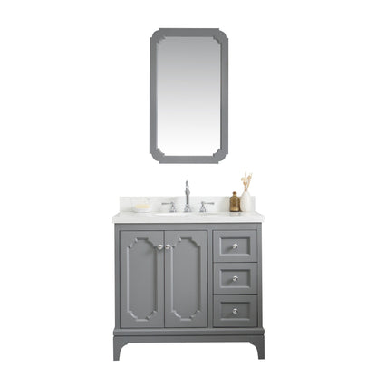 Water Creation Queen 36" Single Sink Quartz Carrara Vanity in Cashmere Grey with Matching Mirror(s) and F2-0012-01-TL Lavatory Faucet(s) VQU036QCCG43 - Model Bath