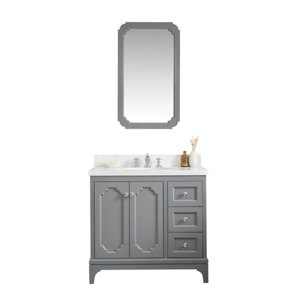 Water Creation Queen 36" Single Sink Quartz Carrara Vanity in Cashmere Grey with Matching Mirror(s) and F2-0013-01-FX Lavatory Faucet(s) VQU036QCCG68 - Model Bath