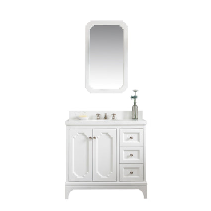 Water Creation Queen 36" Single Sink Quartz Carrara Vanity in Pure White with Matching Mirror(s) and F2-0009-05-BX Lavatory Faucet(s) VQU036QCPW48 - Model Bath