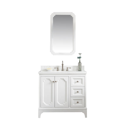 Water Creation Queen 36" Single Sink Quartz Carrara Vanity in Pure White with Matching Mirror(s) and F2-0012-05-TL Lavatory Faucet(s) VQU036QCPW53 - Model Bath