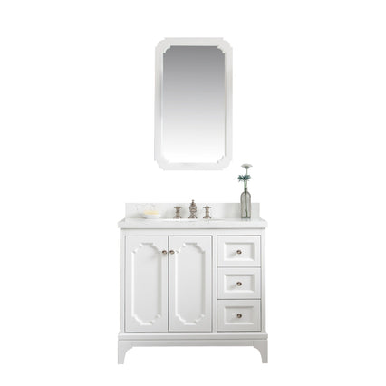 Water Creation Queen 36" Single Sink Quartz Carrara Vanity in Pure White with Matching Mirror(s) and F2-0013-05-FX Lavatory Faucet(s) VQU036QCPW58 - Model Bath
