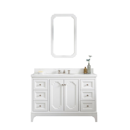 Water Creation Queen 48" Single Sink Quartz Carrara Vanity in Pure White with Matching Mirror(s) and F2-0009-05-BX Lavatory Faucet(s) VQU048QCPW48 - Model Bath