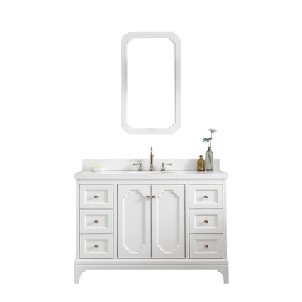Water Creation Queen 48" Single Sink Quartz Carrara Vanity in Pure White with Matching Mirror(s) and F2-0012-05-TL Lavatory Faucet(s) VQU048QCPW53 - Model Bath
