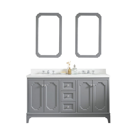 Water Creation Queen 60" Double Sink Quartz Carrara Vanity in Cashmere Grey with Matching Mirror(s) and F2-0009-01-BX Lavatory Faucet(s) VQU060QCCG05 - Model Bath