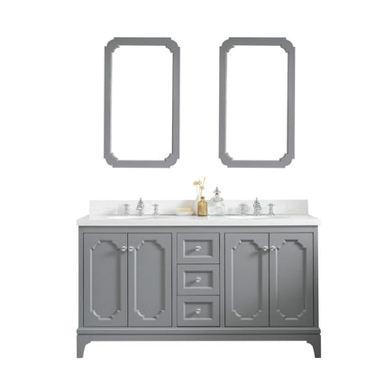 Water Creation Queen 60" Double Sink Quartz Carrara Vanity in Cashmere Grey with Matching Mirror(s) and F2-0013-01-FX Lavatory Faucet(s) VQU060QCCG70 - Model Bath